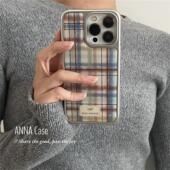 ANNACASE韩国ins风水彩蓝棕格纹滴胶手机壳适用iphone17promax苹果17软壳14新款 15pro全包16Promax防摔保护套