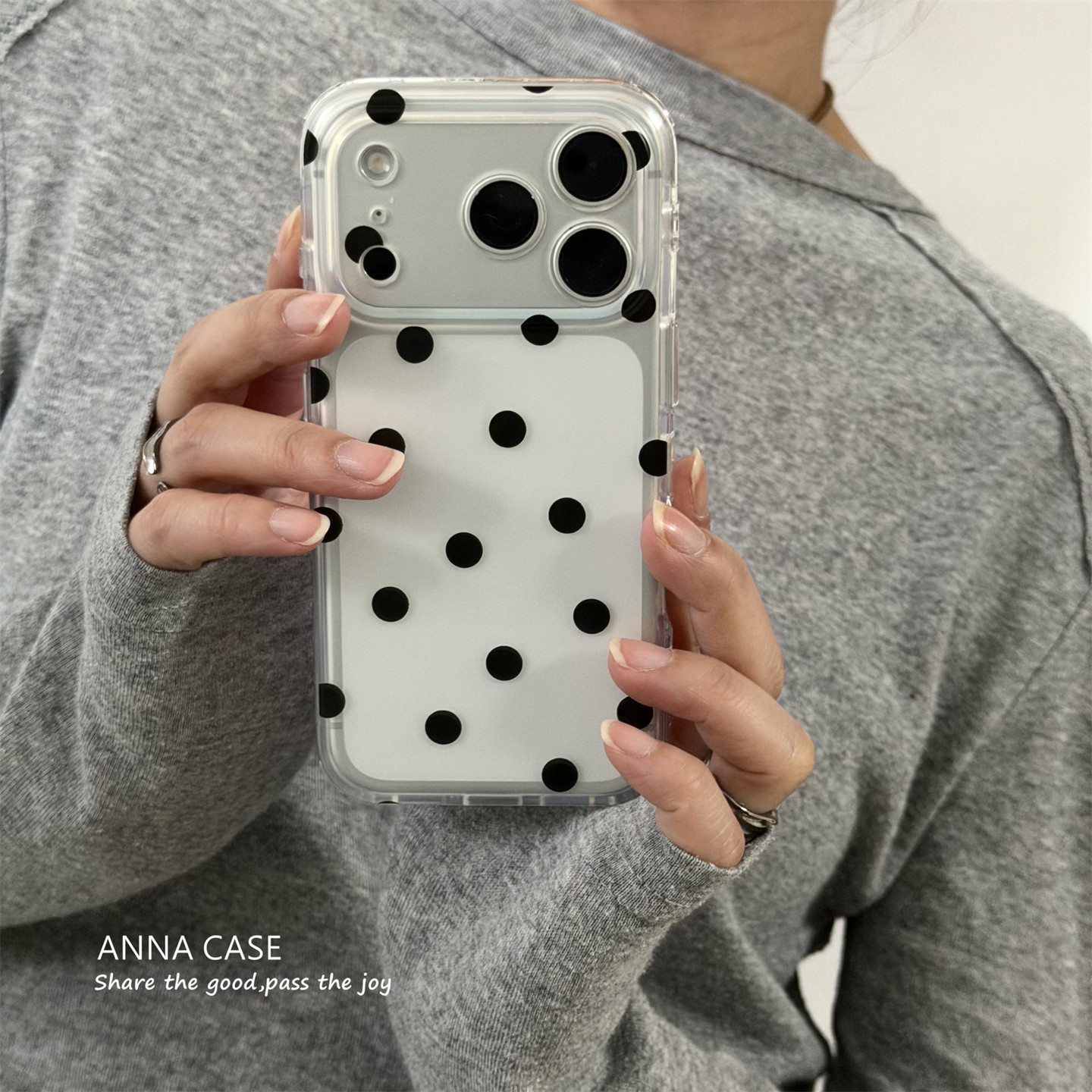 ANNACASEins少女简约透明磨砂黑色波点适用苹果17promax手机壳iphone16全包17pro新款15软16promax防摔保护套