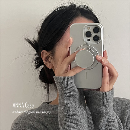 ANNACASE高级感小众电镀银磁吸支架手机壳适用于iPhone15pro新款16promax苹果13pro全包12防摔保护套14pro软