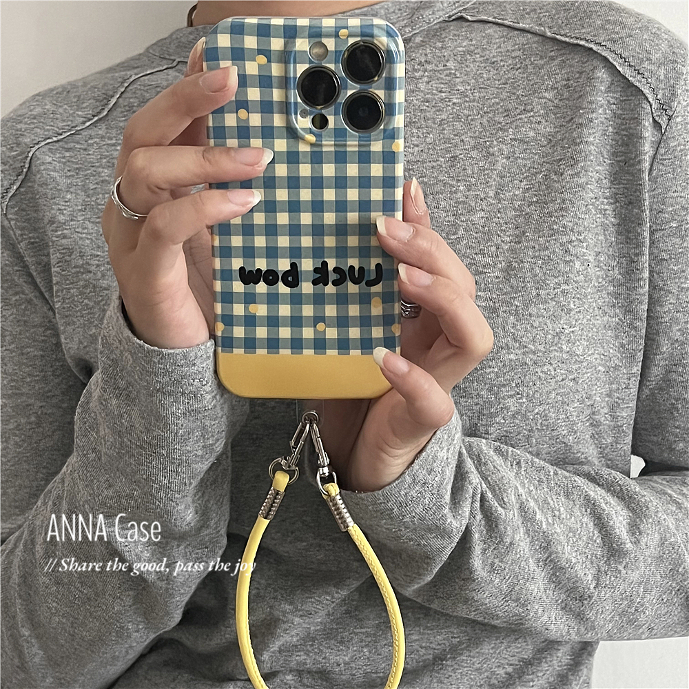 ANNACASEins可爱撞色黄蓝格子波点适用16pro苹果16Promax手机壳iPhone16全包14新款14Promax保护套13软壳挂绳