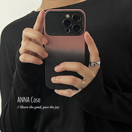 ANNACASE简约渐变粉黑色大视窗适用苹果16promax手机壳iphone15磨砂12pro新款14全包软壳13promax防摔保护套
