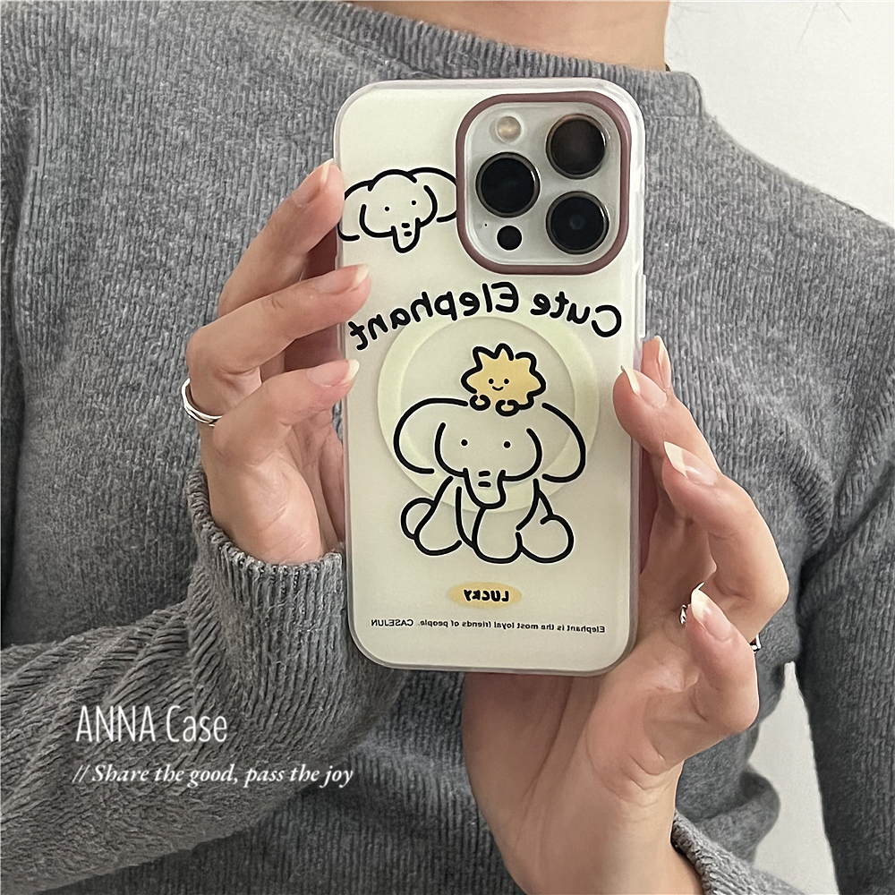 ANNACASE韩国ins小众线条可爱大象磁吸手机壳适用iPhone16pro新款14promax苹果13pro全包16磨砂防摔15保护套