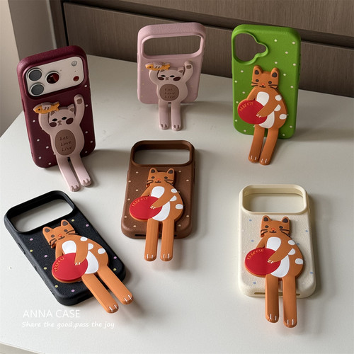 少女波点可爱橘猫立体支架手机壳