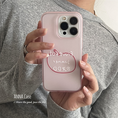 可爱透粉英文线条红苹果手机壳