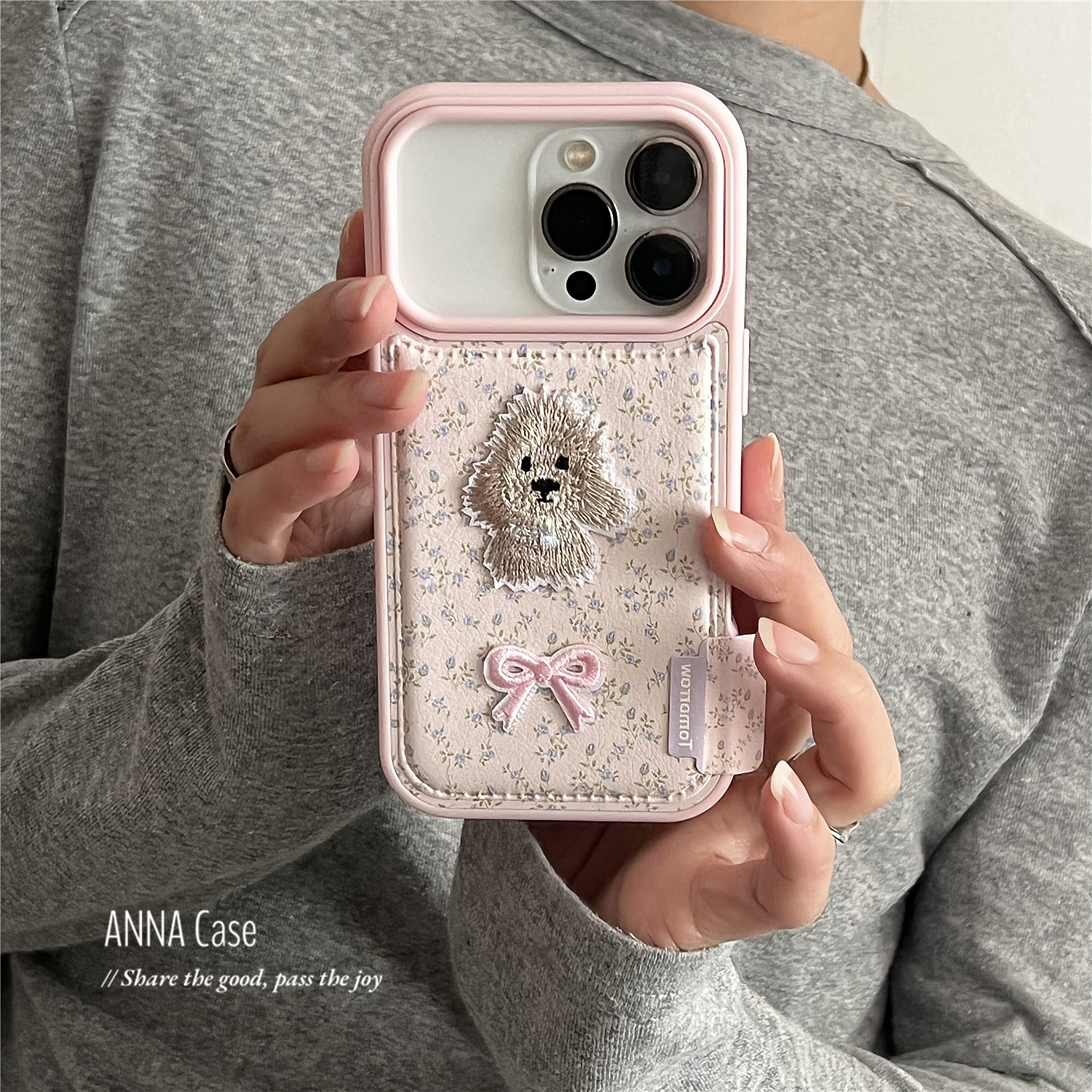 ins少女仿皮粉色碎花小狗手机壳