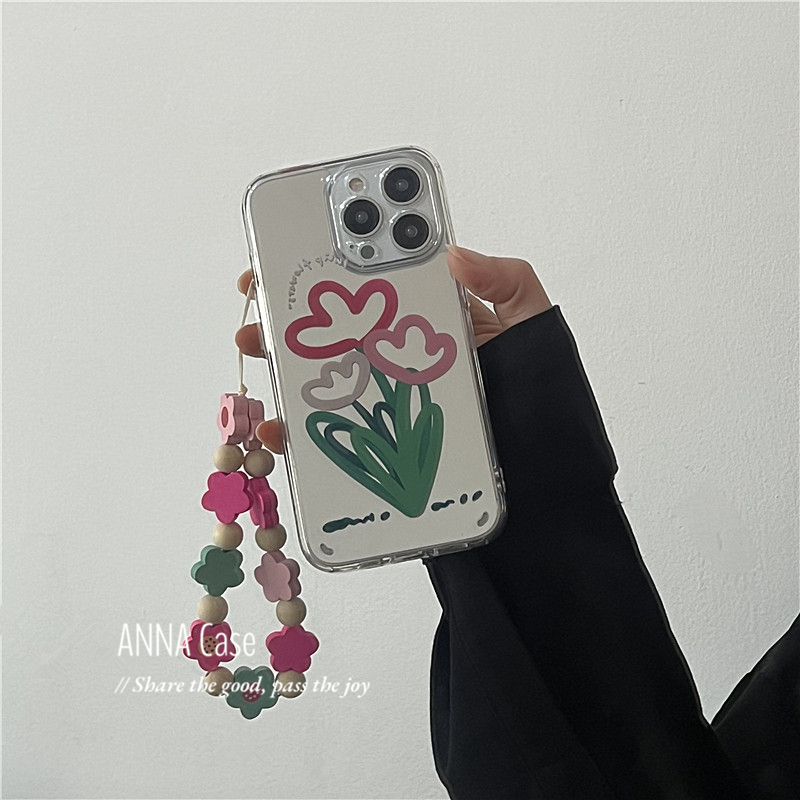 日韩可爱镜面郁金香手链适用iphone13/15promax苹果14手机壳11少女12防摔保护套