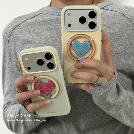 ANNACASEins可爱撞色爱心英文磁吸支架手机壳适用iphone17promax苹果14软13新款15pro全包16ProMax防摔保护套