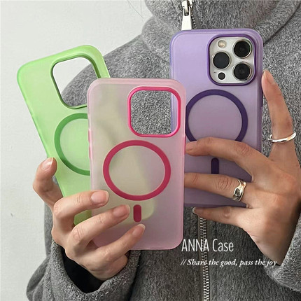 ANNACASE简约个性彩色磨砂磁吸手机壳适用于iPhone16pro新款15小众情侣14promax苹果13pro全包12防摔保护套软