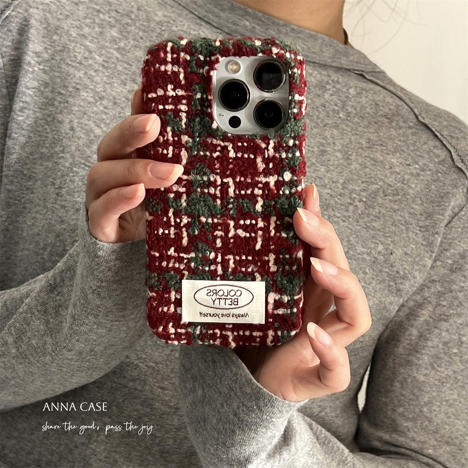 秋冬新年红绿粗花呢标签手机壳