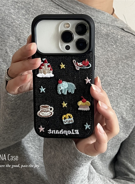 ANNACASE可爱刺绣蛋糕小象插画适用苹果17promax手机壳iphone17牛仔布料15pro新款14全包16promax防摔保护套