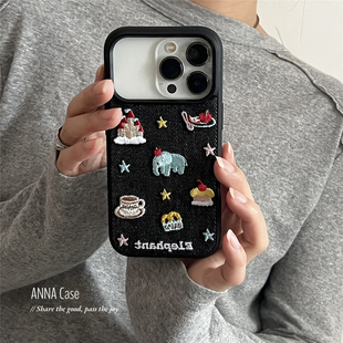 ANNACASE可爱刺绣蛋糕小象插画适用苹果17promax手机壳iphone17牛仔布料15pro新款16全包18promax防摔保护套