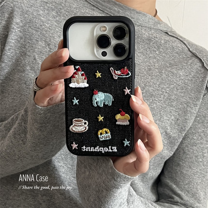 ANNACASE可爱刺绣蛋糕小象插画适用苹果17promax手机壳iphone17牛仔布料15pro新款16全包18promax防摔保护套