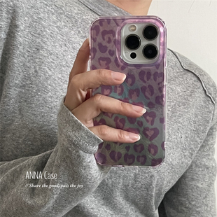 ANNACASE少女浅紫豹纹渐变锡纸纹适用苹果17promax手机壳iphone17小众15pro新款 14全包软16promax防摔保护套