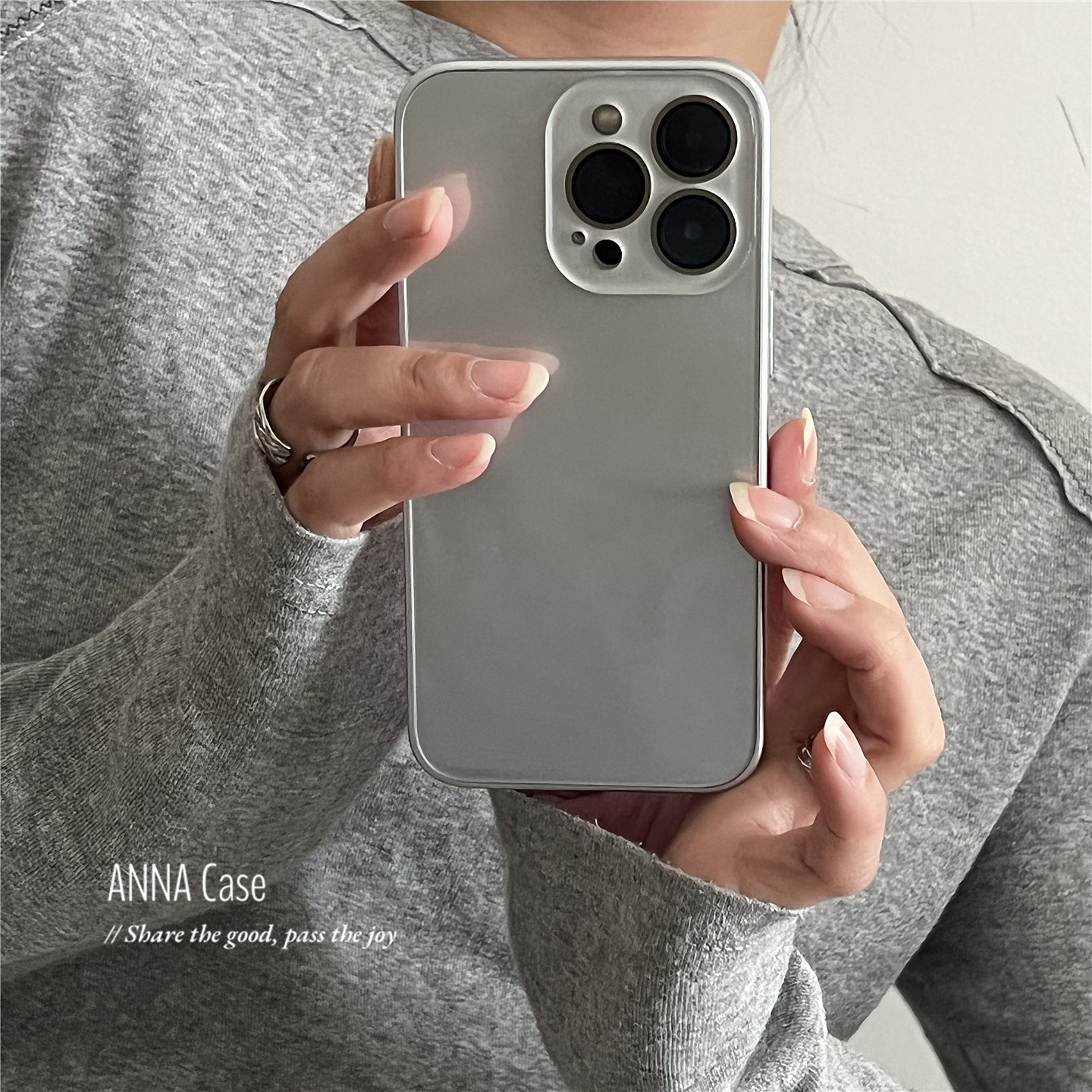 ANNACASEins高级简约清透银色玻璃适用苹果17promax手机壳iphone17光面15pro新款14全包16promax防摔保护套13