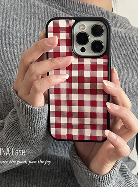 ANNACASE简约ins复古红白色小格子适用苹果16promax手机壳iphone14小众15pro新款全包软壳13promax防摔保护套