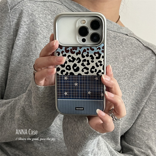 ANNACASE秋冬蓝色豹纹格子电镀银边适用苹果17promax手机壳iphone14高级感15pro新款17软16promax防摔保护套
