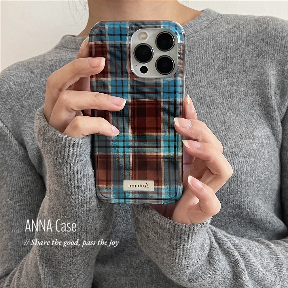 小众细沙蓝棕色格纹16pro手机壳