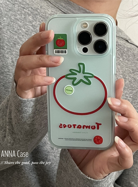 ANNACASE小众设计透蓝线条番茄适用苹果16promax手机壳iphone14磨砂15pro新款16全包软壳13promax防摔保护套