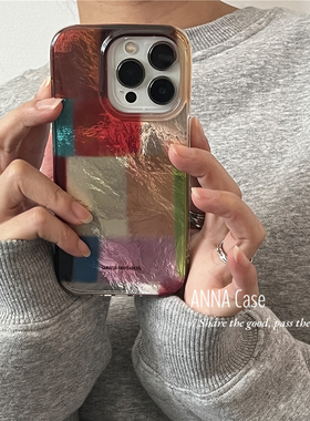 ANNACASE复古风少女拼接色块锡纸纹适用iphone17promax苹果15手机壳16新款17Air软14全包16Promax防摔保护套