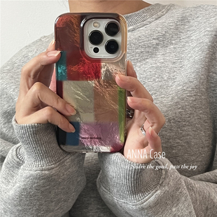 ANNACASE复古风少女拼接色块锡纸纹适用iphone17promax苹果15手机壳16新款 17Air软14全包16Promax防摔保护套