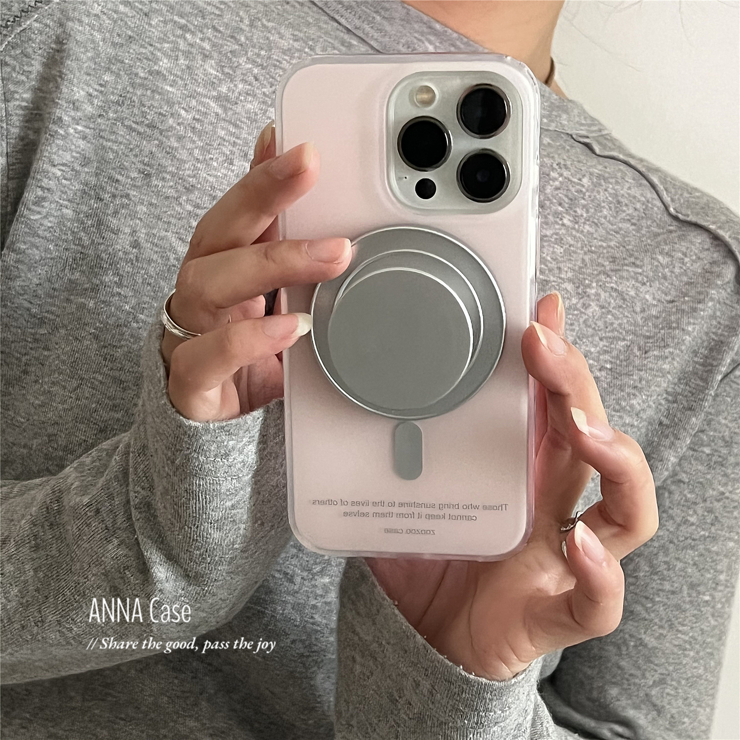 韩国ins雾粉色银磁吸支架手机壳