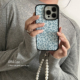 ANNACASE韩系ins少女奶蓝色豹纹珍珠挂链适用苹果17promax手机壳iphone15小众16pro新款 16全包软14防摔保护套