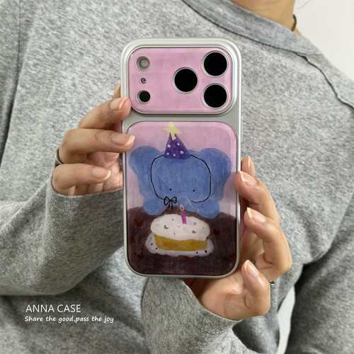 油画粉蓝生日小象插画手机壳