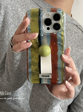 ANNACASE秋冬艺术绿棕泼墨立体珠子手机壳适用iphone16promax苹果13女16pro新款15pro光面14Promax防摔保护套