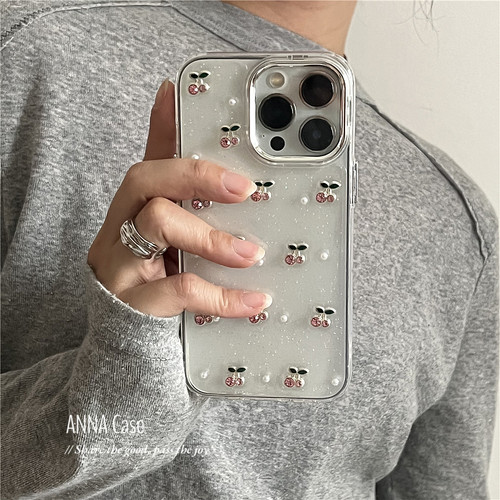 少女甜美珍珠粉钻小樱桃手机壳