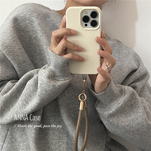 ANNACASE高级感小众奶白咖色皮质挂绳适用苹果16promax手机壳iphone15硅胶13pro新款14promax防摔保护套12软