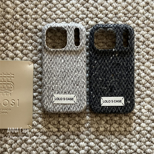 ANNACASEins秋冬高级白灰粗花呢标签适用苹果17promax手机壳iphone17全包15pro毛绒16promax防摔保护套14女13