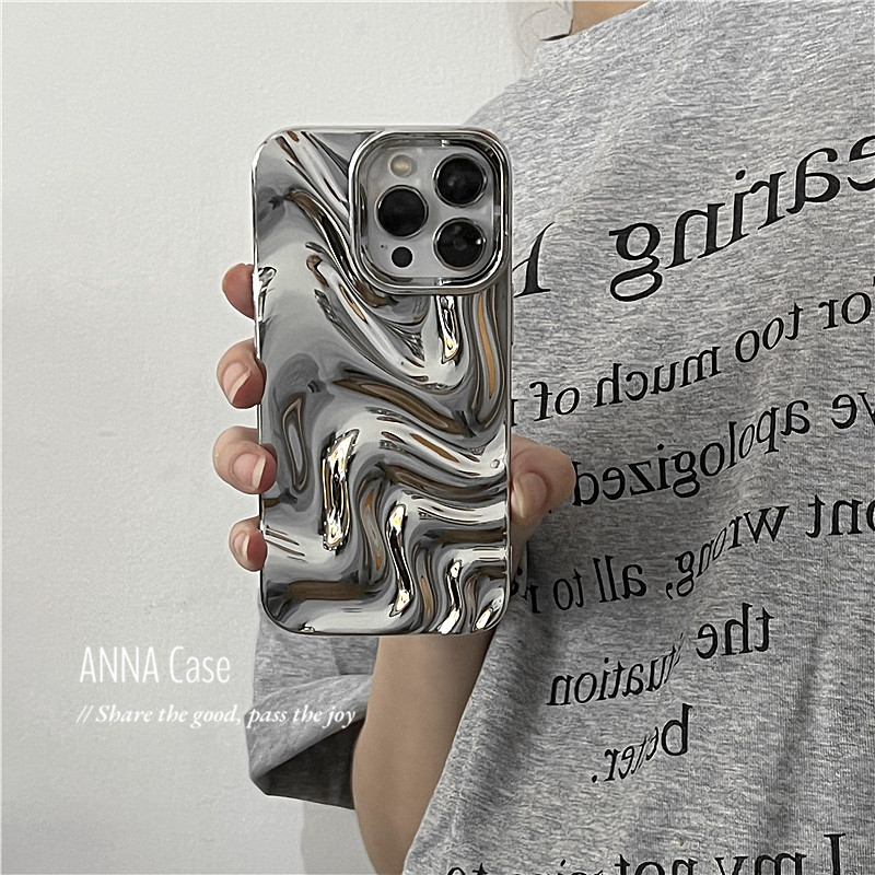 ANNACASE韩国ins冷淡风高级个性电镀银色水波纹适用苹果16promax手机壳iphone15小众13pro新款14硅胶全包软壳