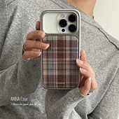 ANNACASE复古麻布纹红色格纹电镀银边适用苹果17promax手机壳iphone14高级15pro新款 17软16promax防摔保护套