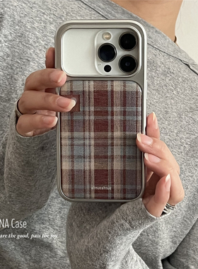 ANNACASE复古麻布纹红色格纹电镀银边适用苹果17promax手机壳iphone14高级15pro新款17软16promax防摔保护套