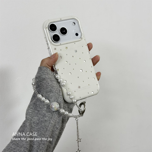 ins温柔奶白星星珍珠挂链手机壳