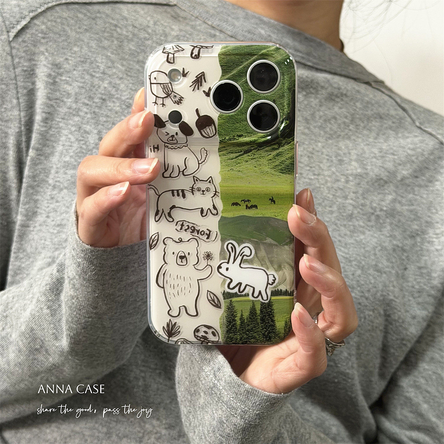 ANNACASEins绿色草原手绘拼接小猫小狗适用17pro苹果17ProMax手机壳iPhone16全包14新款16Promax保护套13女15