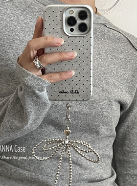 ANNACASE韩系少女银黑小波点蝴蝶结挂饰适用苹果16promax手机壳iphone14小众15pro新款16全包软13防摔保护套