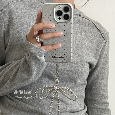 少女银黑小波点蝴蝶结挂饰手机壳