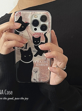 ANNACASE英文报纸优雅黑色猫咪适用苹果16promax手机壳iphone15小众12pro新款14硅胶全包13promax防摔保护套