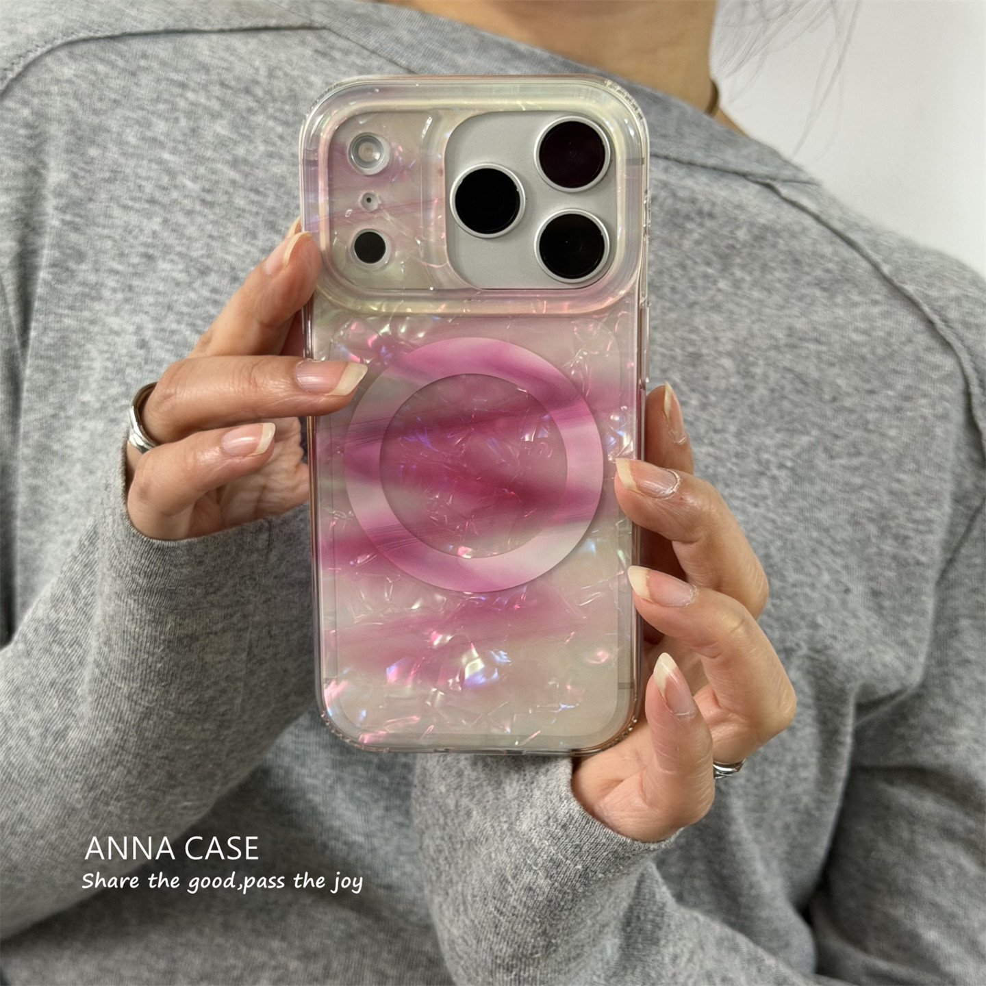 ANNACASEins温柔浪漫粉贝母晕染磁吸17适用苹果17promax手机壳iphone14全包17pro新款15软16promax防摔保护套