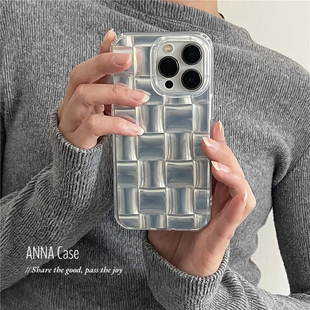 ANNACASE个性 全包软壳13promax防摔保护套 创意银色平面小方块适用苹果16promax手机壳iphone14小众15pro新款