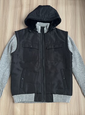 外单男士棉衣夹克 秋冬季夹棉薄款毛衣袖连帽工装棉服外套