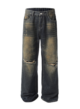BIGBOY潮品男装复古宽松破洞做旧牛仔裤男松紧腰直筒长裤