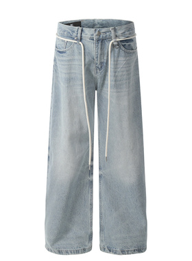 BIGBOY春夏美式复古水洗浅蓝色牛仔裤男女宽松直筒阔腿通勤裤子