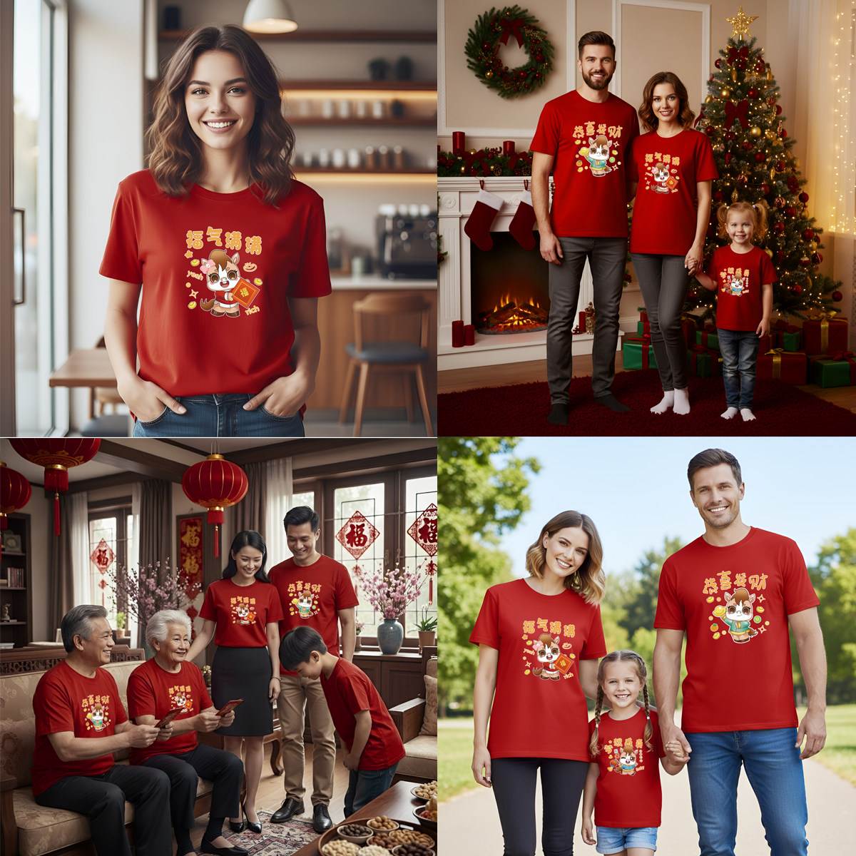 2026马年红色短袖亲子装新年本命年恭喜发财全家福童趣印花T恤