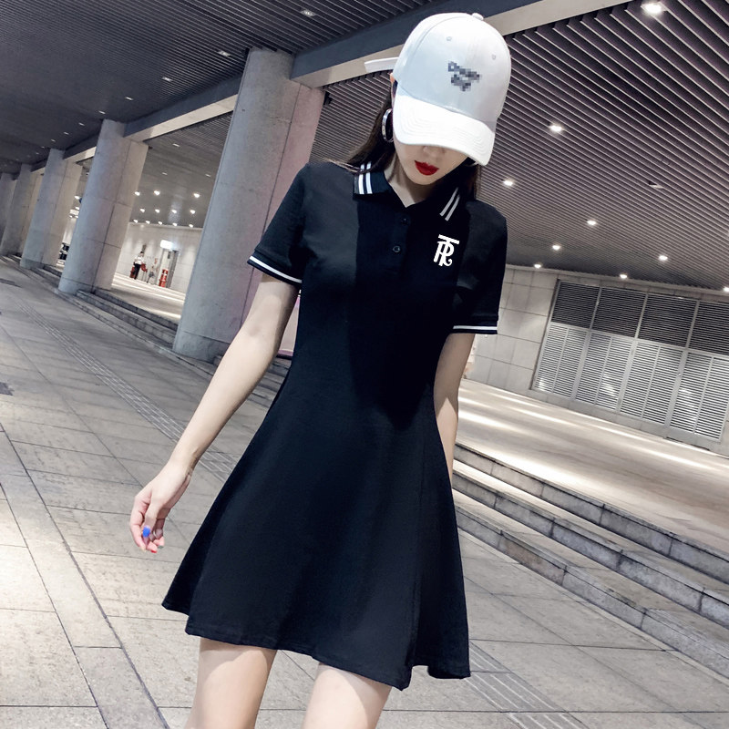 2022新款纯棉Polo领短袖连衣裙女夏季韩版休闲运动百搭黑色a字裙