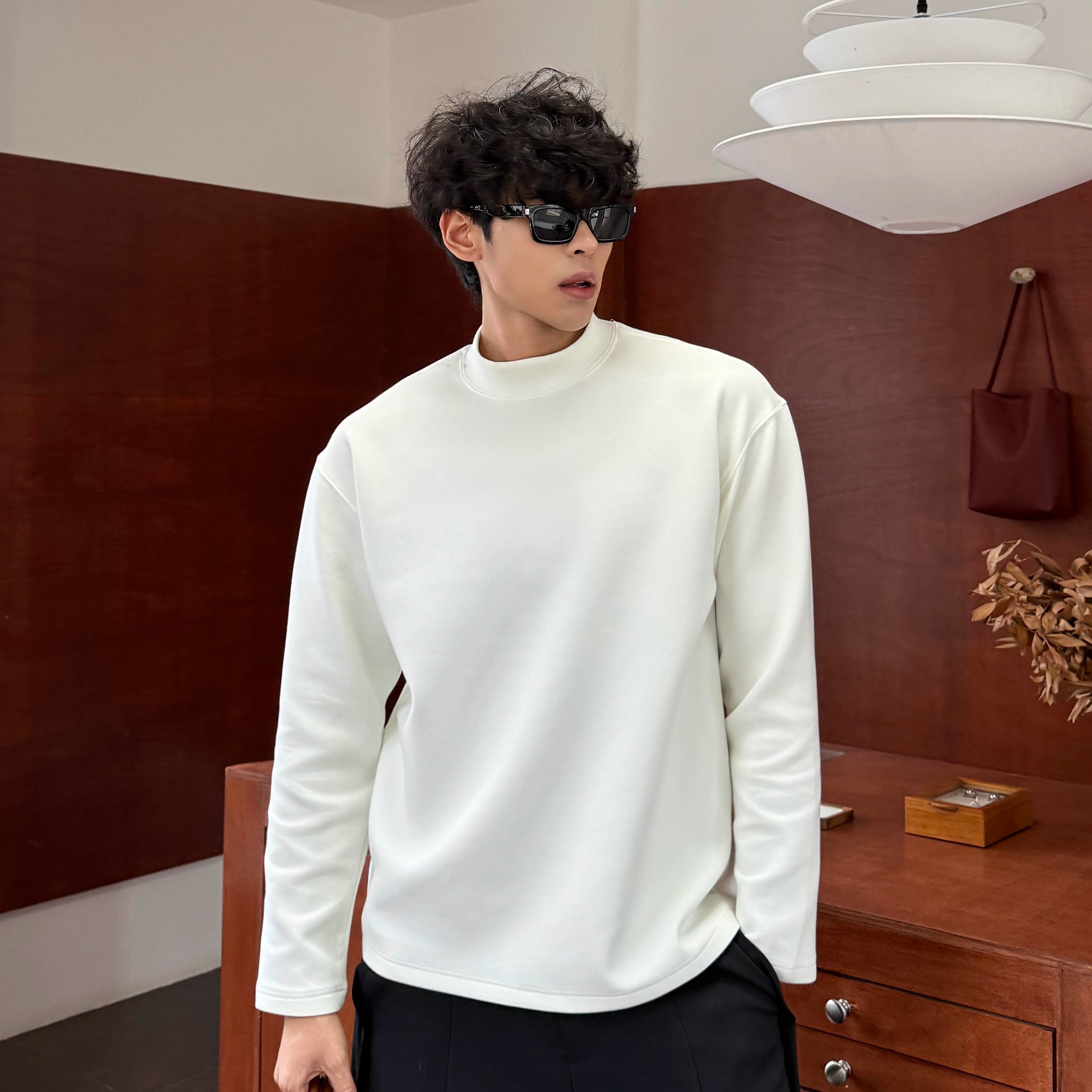 秋冬新款羊毛半高领情侣打底T恤