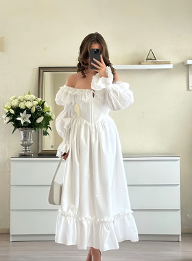 越南代购 Sissy nation正品 法式温柔甜美一字领藕节袖连衣裙