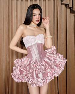 越南代购 Laneci正品 法式少女甜美风蝴蝶结短连衣裙 蓬蓬裙
