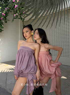 越南代购 Doublebizz正品 法式浪漫蝴蝶结蓬蓬褶皱抹胸连衣裙